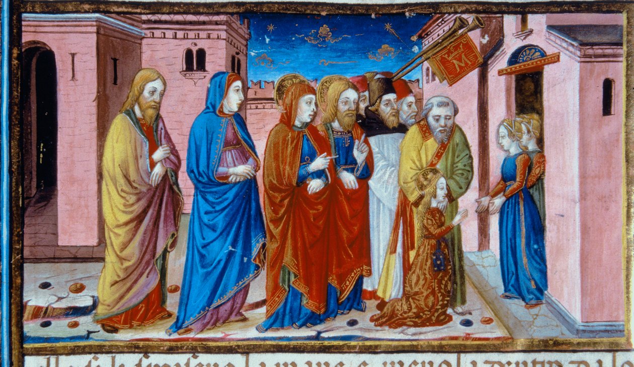 Iluminação representando Maria recebida pelas virgens do Templo, no Codex De Predis (c.15v) de Cristoforo De Predis