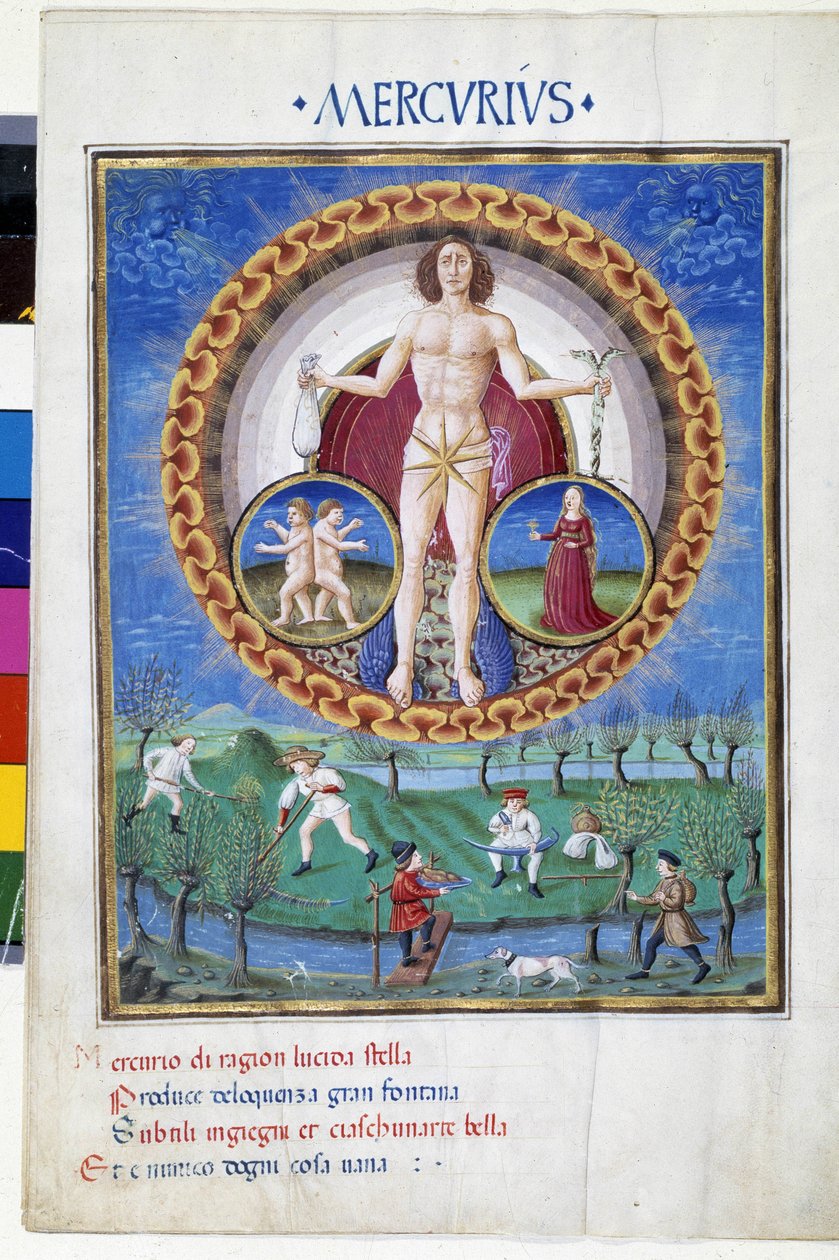Mercúrio com sinais do zodíaco da Virgem e dos Gémeos. Lá em baixo, camponeses que trabalham nos campos. Miniatura feita por Cristoforo de Predis (v. 1440-v. 1486) - em "De Sphaera" d