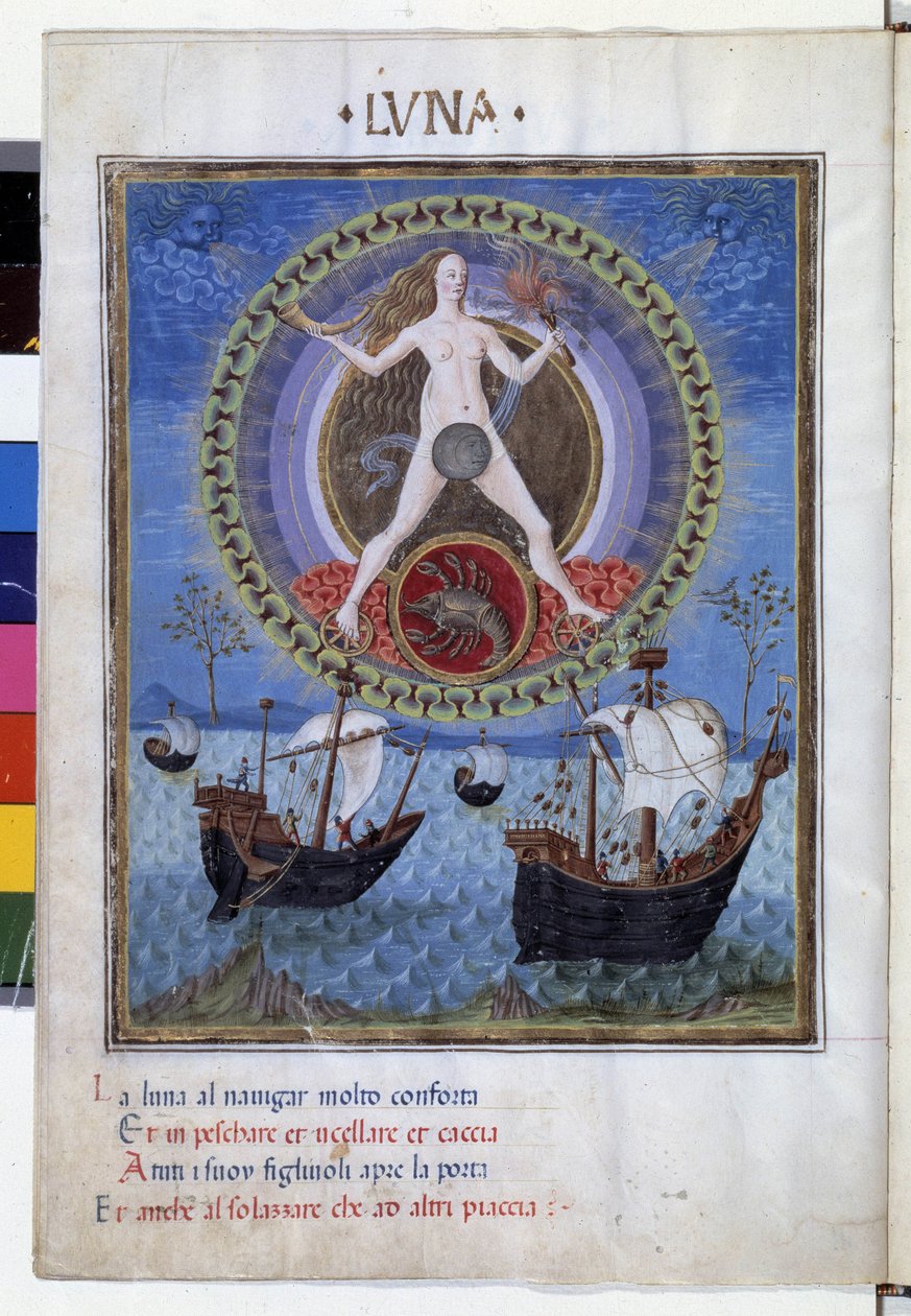 Lua com o signo do zodíaco do cancro. Lá em baixo, barcos durante a subida da maree. Miniatura feita por Cristoforo de Predis (v. 1440-v. 1486) - em "De Sphaera" d