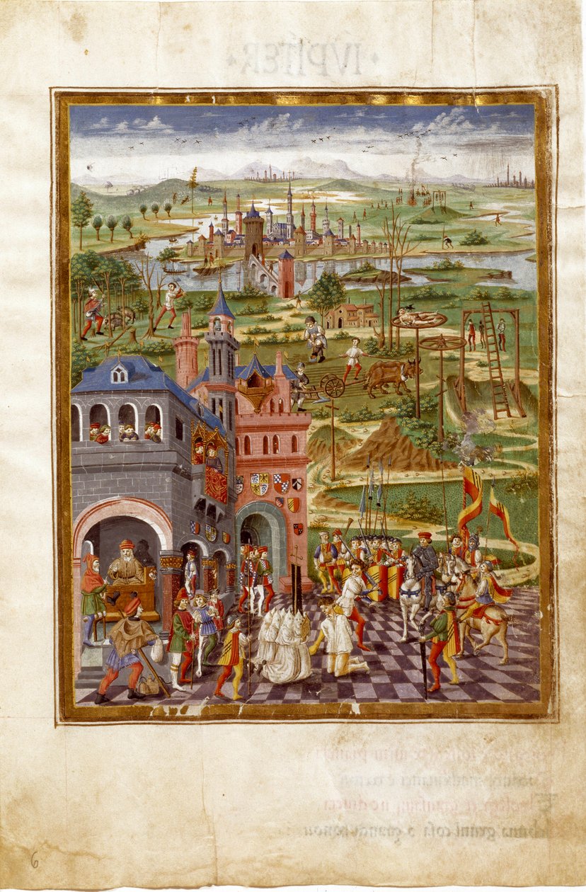 Cena de tortura e condenações em uma cidade medieval. Influências de Saturno (miniatura, c.1470) de Cristoforo De Predis