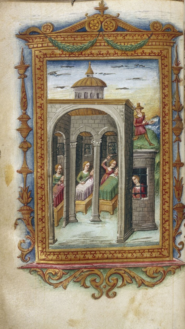 Filhas de Danaus assassinando seus maridos. Hypermnestra na prisão Ilustração para The Heroides por Ovid, 1485-1499 de Cristoforo Majorana