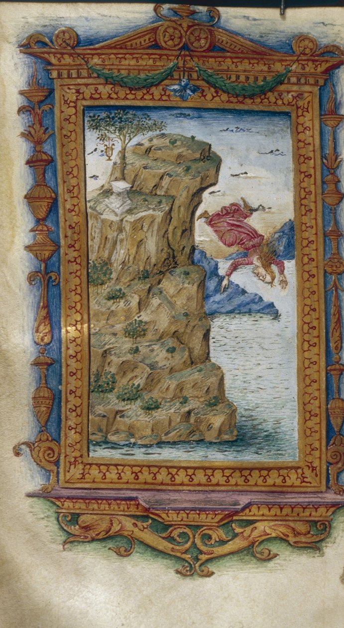 Safo se jogando no mar Ilustração para The Heroides por Ovid, 1485-1499 de Cristoforo Majorana