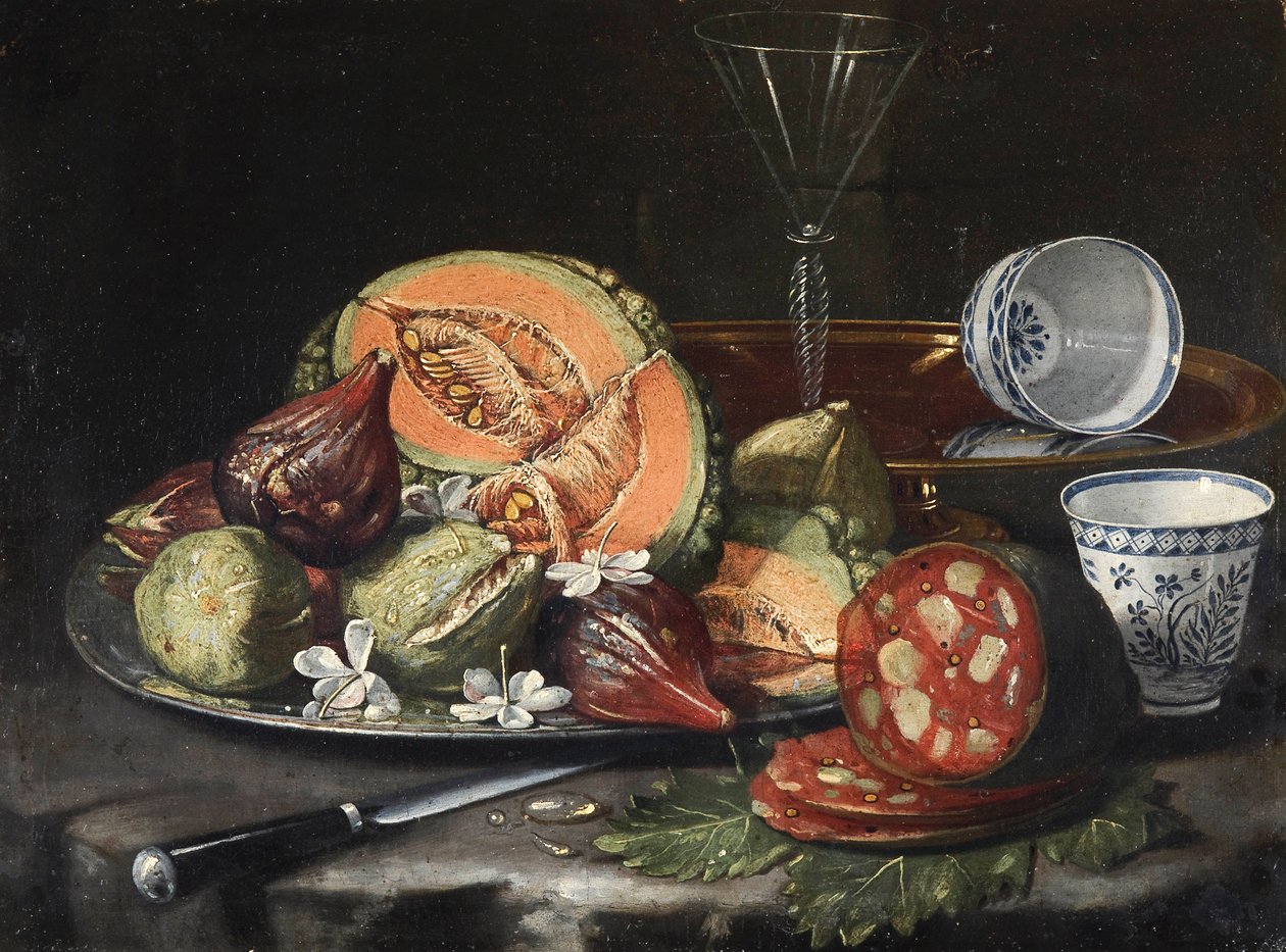 ""Natureza morta"" (Natureza morta) Melão, salsicha, figos e porcelana chinesa Pintura de Cristoforo Monari (Munari) (1667-1720), - Óleo sobre tela, 44x56 - Fundação Custodia de Cristoforo Munari