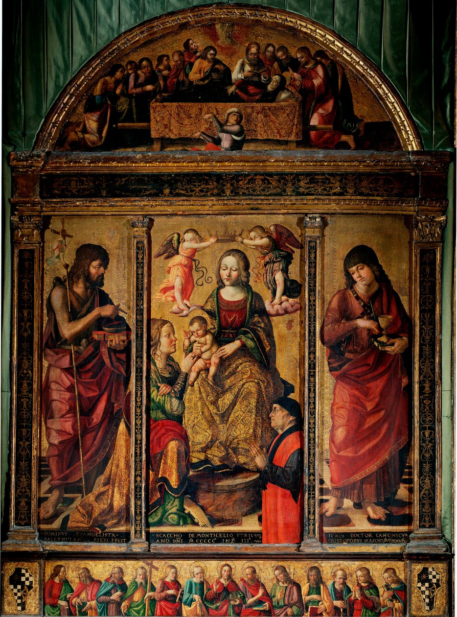Tríptico do casamento místico de Santa Catarina, rodeado por São João Batista e São João Evangelista (Pintura em madeira de Cristoforo Scacco
