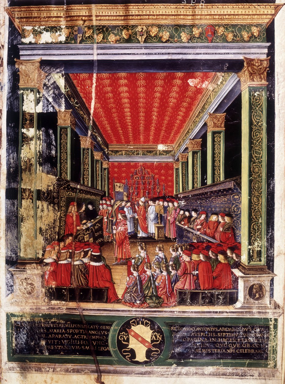 Indução de Ludovic Marie Sforza dit le More (Ludovico Maria Sforza detto il Moro) (1452-1508) - iluminação do Missal do Cardeal Arcimboldi, feita pelo famoso miniaturista Cristoforo de Predis. Biblioteca do Capítulo, Milão. de Cristoforo De Predis