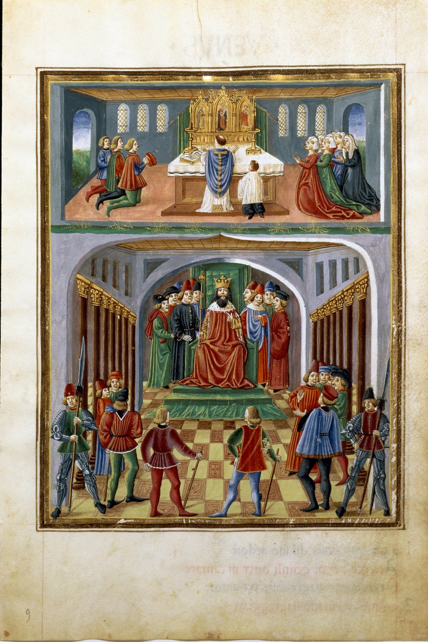 Influência do sol: poderes temporais (rei perante os seus cortesãos) e poderes espirituais (sacerdote a servir numa igreja). (miniatura, c.1470) de Cristoforo De Predis