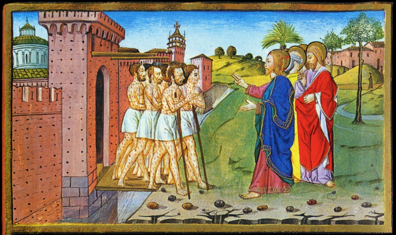 Jesus e os leprosos. Miniatura de Cristoforo por Predis - em Historia do novo testamento de Cristoforo De Predis