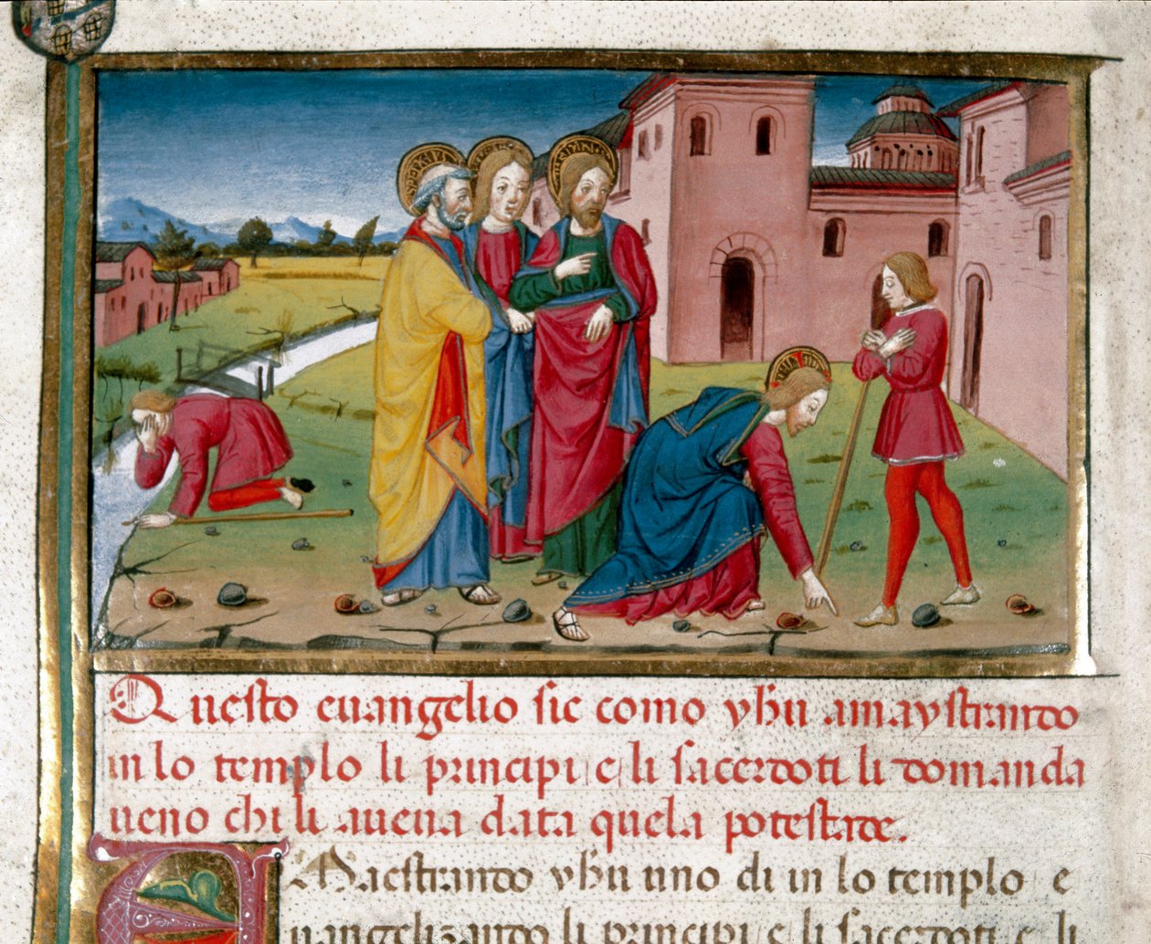 Jesus dá visão a um cego de nascimento Miniatura de Cristoforo De Predis (1440-1486) depois da História do Novo Testamento (fol. 7) de Cristoforo De Predis