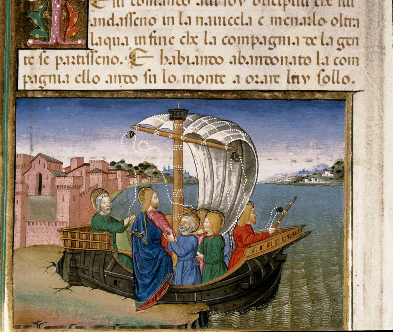 Jesus diz aos Apóstolos para irem de barco até Capharneum enquanto ele vai orar no Monte Miniatura de Cristoforo De Predis (1440-1486) depois da História do Novo Testamento de Cristoforo De Predis