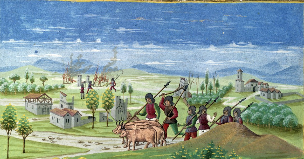 Pilhagem durante a guerra. Detalhe da "Influência do Sol": A Guerra. Miniatura feita por Cristoforo de Predis (v. 1440-v. 1486) - em "De Sphaera" d