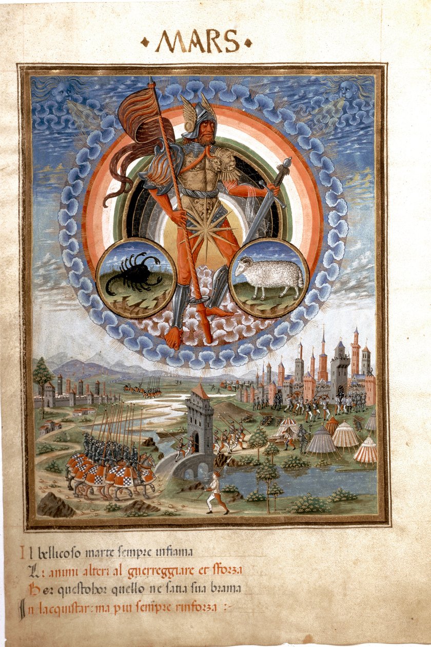 Marte com os signos do zodíaco de escorpião e Belier. As cenas de batalha. (miniatura, c.1470) de Cristoforo De Predis
