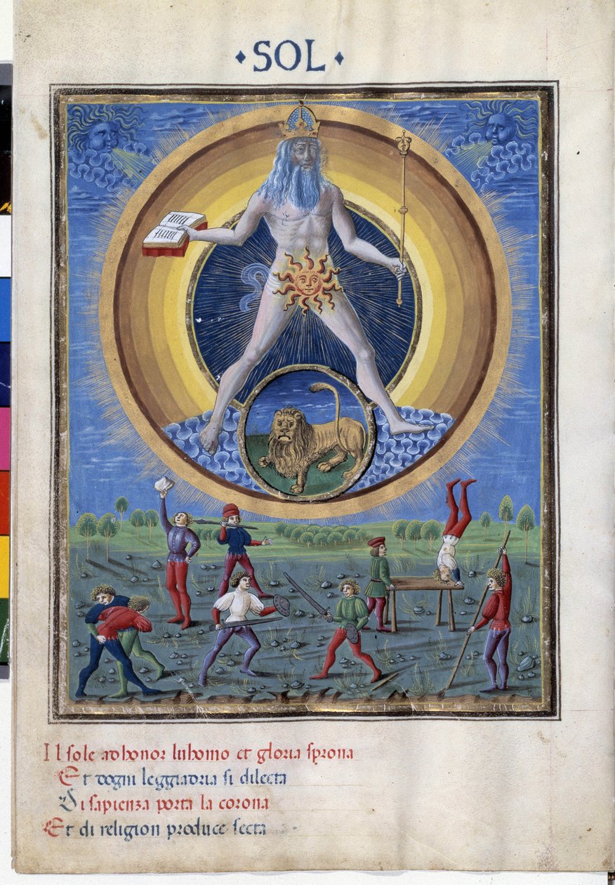 Sol com o signo do zodíaco do leão. Lá em baixo estão as cenas dos exercícios físicos dos homens. Miniatura feita por Cristoforo de Predis (v. 1440-v. 1486) - em "De Sphaera" d