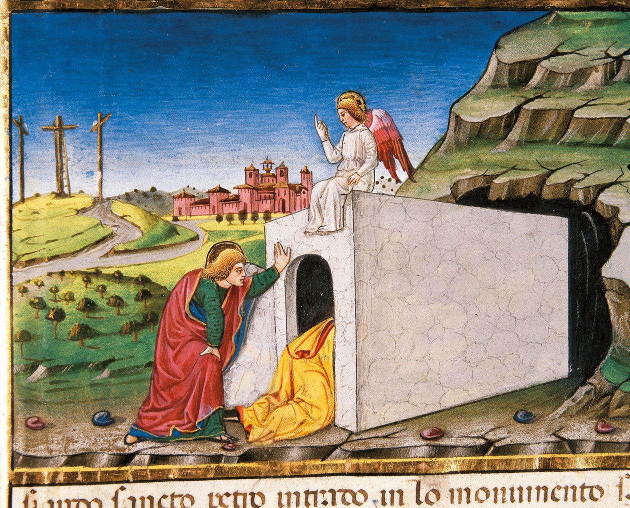 Os apóstolos Pedro e João descobrem o túmulo do Cristo vazio, do Legendario Sforza-Savoia de Cristoforo De Predis