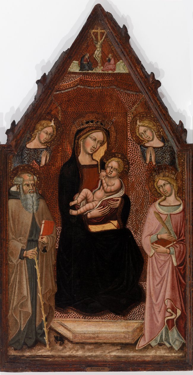 Virgem e Criança com Dois Anjos e Santos Anthony Abbot e Catarina de Alexandria e a Crucificação de Cristoforo di Bindoccio, Meo