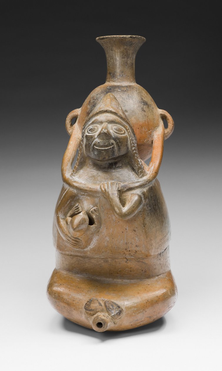 Vaso ritual que representa uma mulher carregando um vaso (Aryballos) e amamentando uma criança, AD 1200-1450 (cerâmica e pigmento) de Culture Chimu