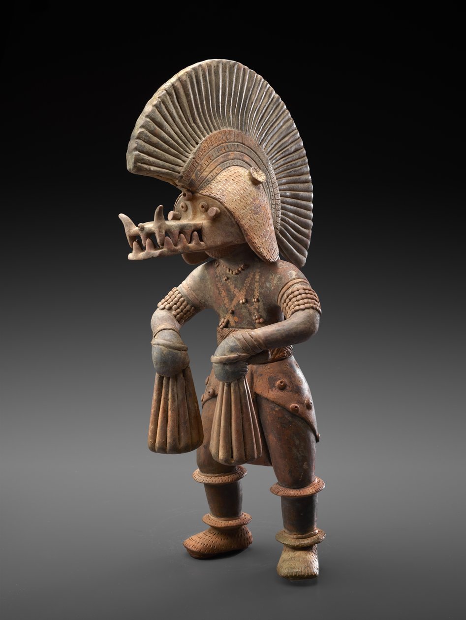 Dançarina com capacete de crocodilo, 300 BC-300 AD (barro com vestígios de pigmento policromado) de Culture Colima