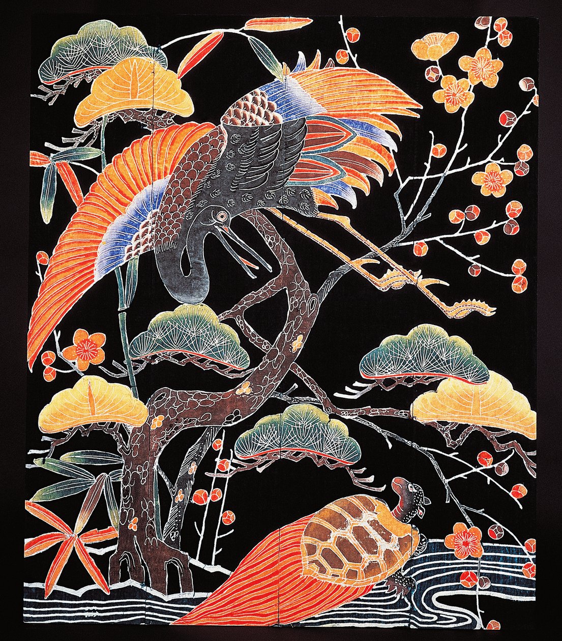 Detalhes de guindastes e tartarugas de cauda longa (tsurugame) do tecido de quimono com motivos auspiciosos, civilização japonesa, período Edo de Culture Edo