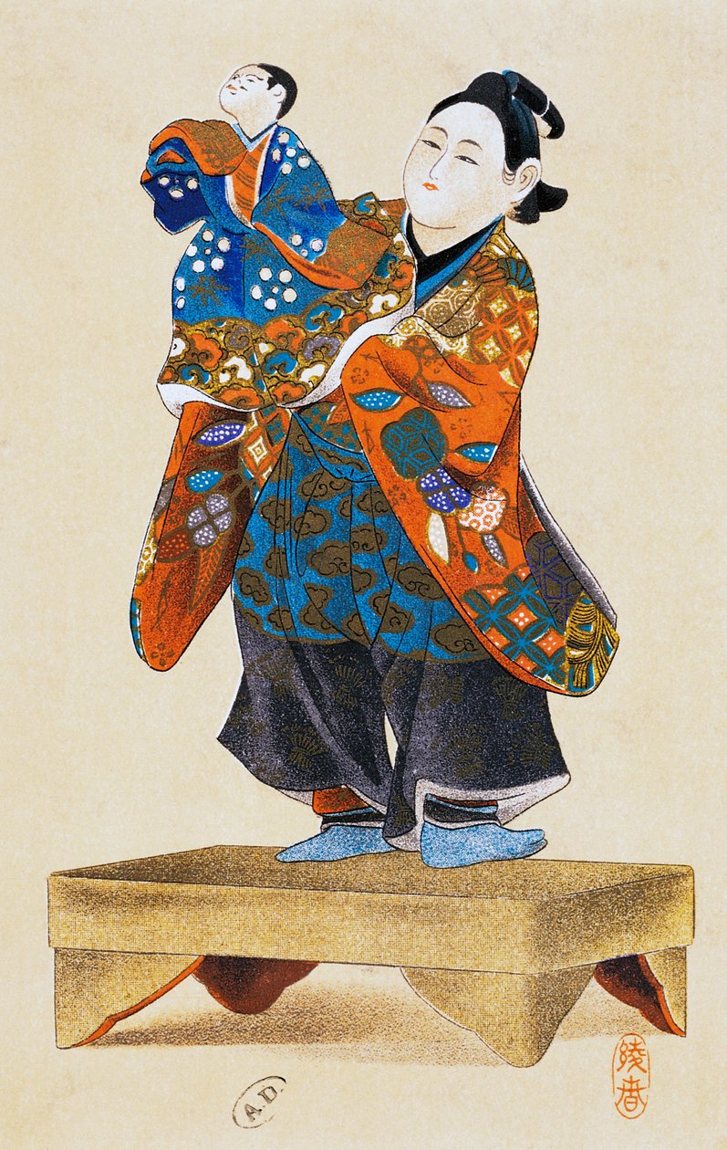 Marionetista com marionete, teatro de marionetes, impressão de arte ukiyo-e, reprodução de xilogravura, civilização japonesa, período Edo de Culture Edo