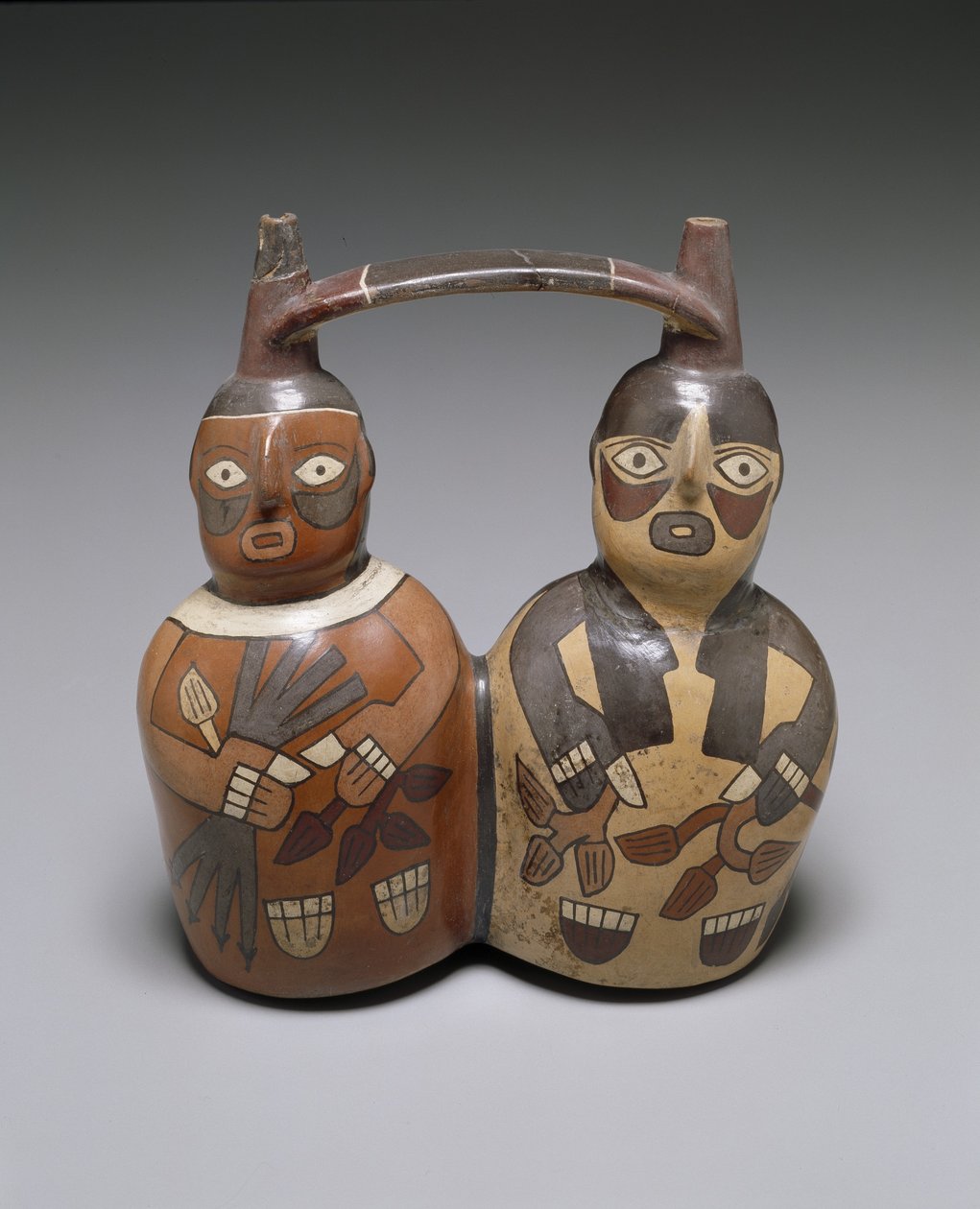 Recipiente com alça de alça de bico duplo: Duas figuras, Médio Nazca, AD 100-150 (cerâmica com deslizamento) de Culture Nazca