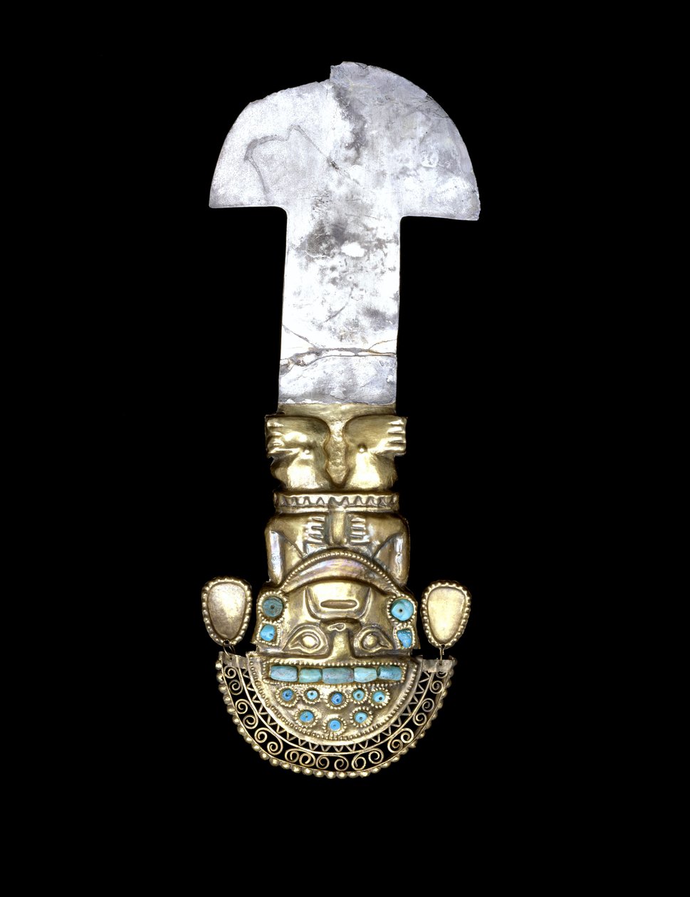 Tumi cerimonial, período médio de Sicán, 900-1100 (ouro, prata e turquesa) de Culture Sicán