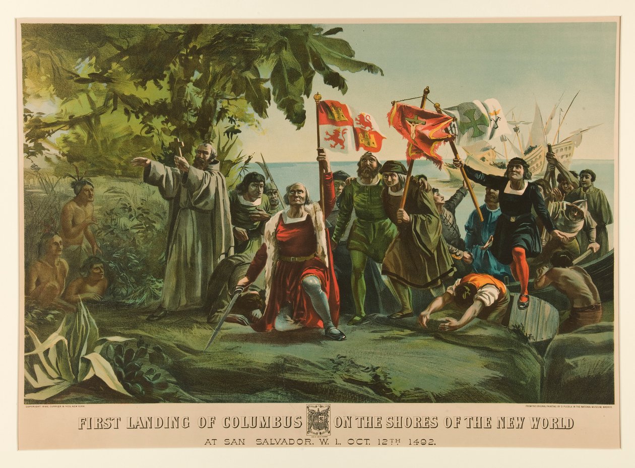Primeiro desembarque de Colombo nas margens do Novo Mundo de Currier and Ives