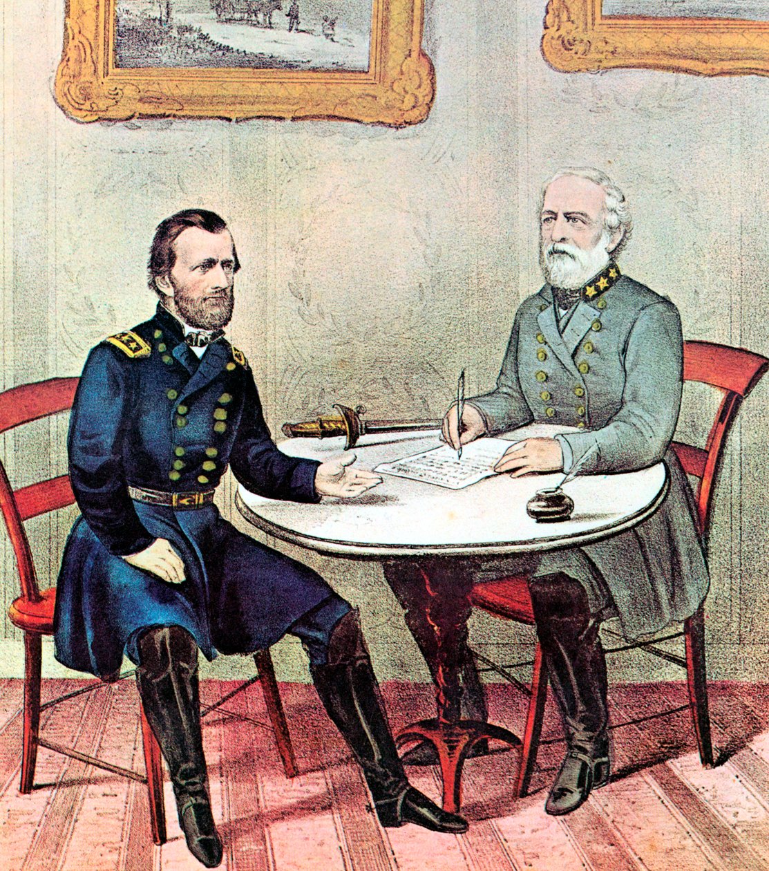 Reunião dos generais Grant esquerda e Lee, Guerra Civil Americana, 1865 de Currier and Ives