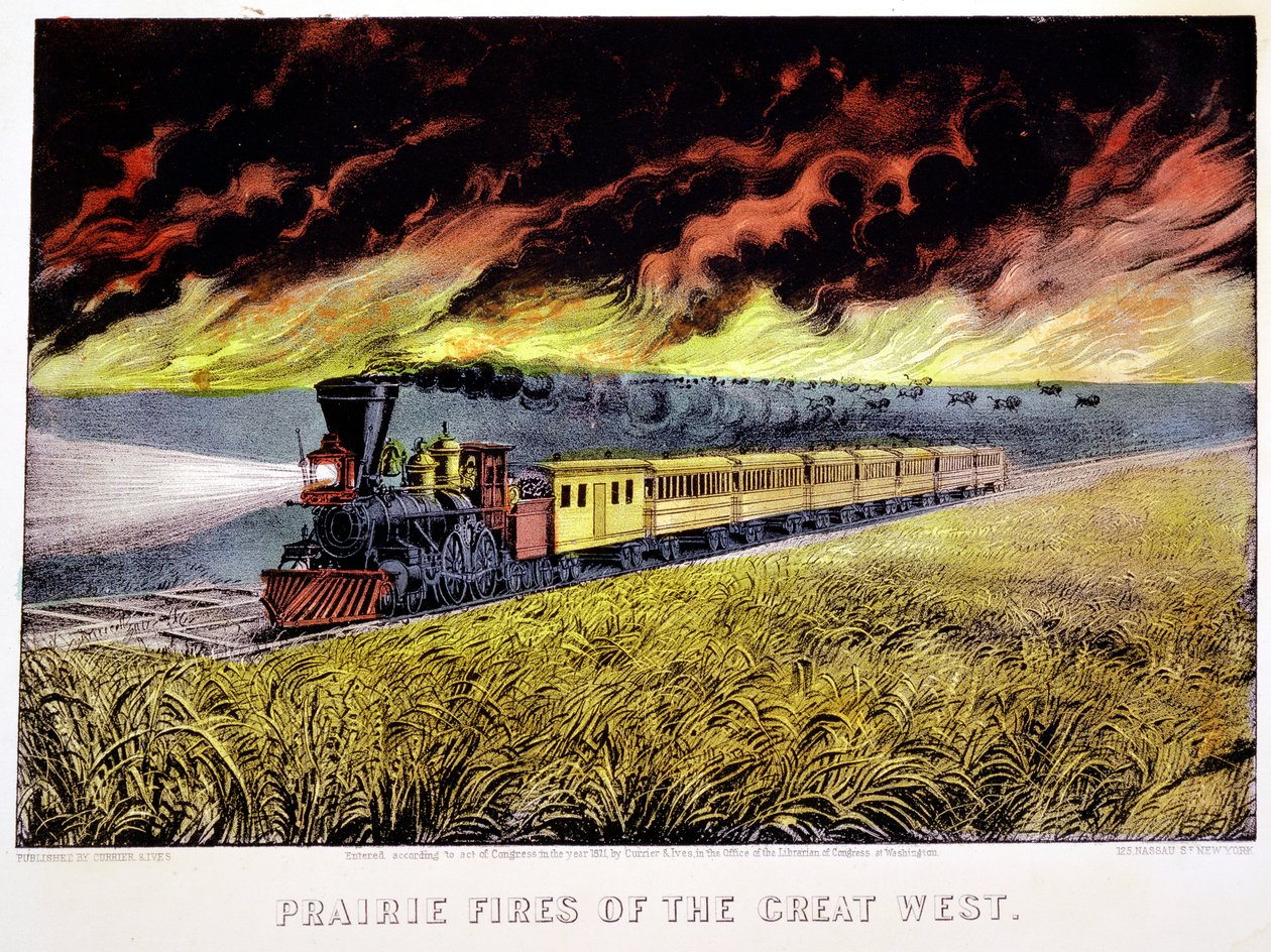 Fogos de pradaria do Grande Oeste, EUA, 1871 de Currier and Ives