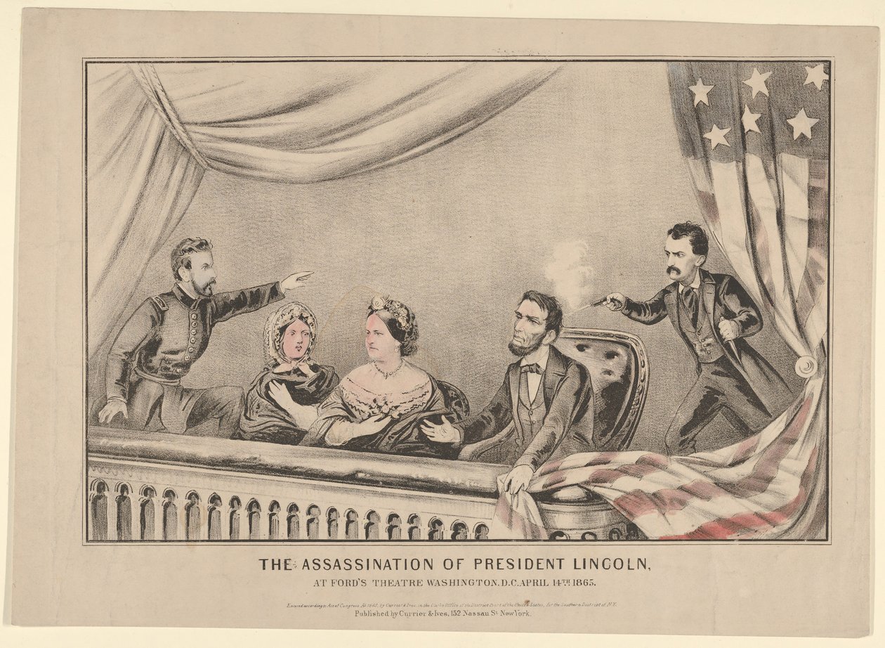 O assassinato do presidente Lincoln no Fords Theatre, Washington DC, 14 de abril de 1865, 1865. de Currier and Ives