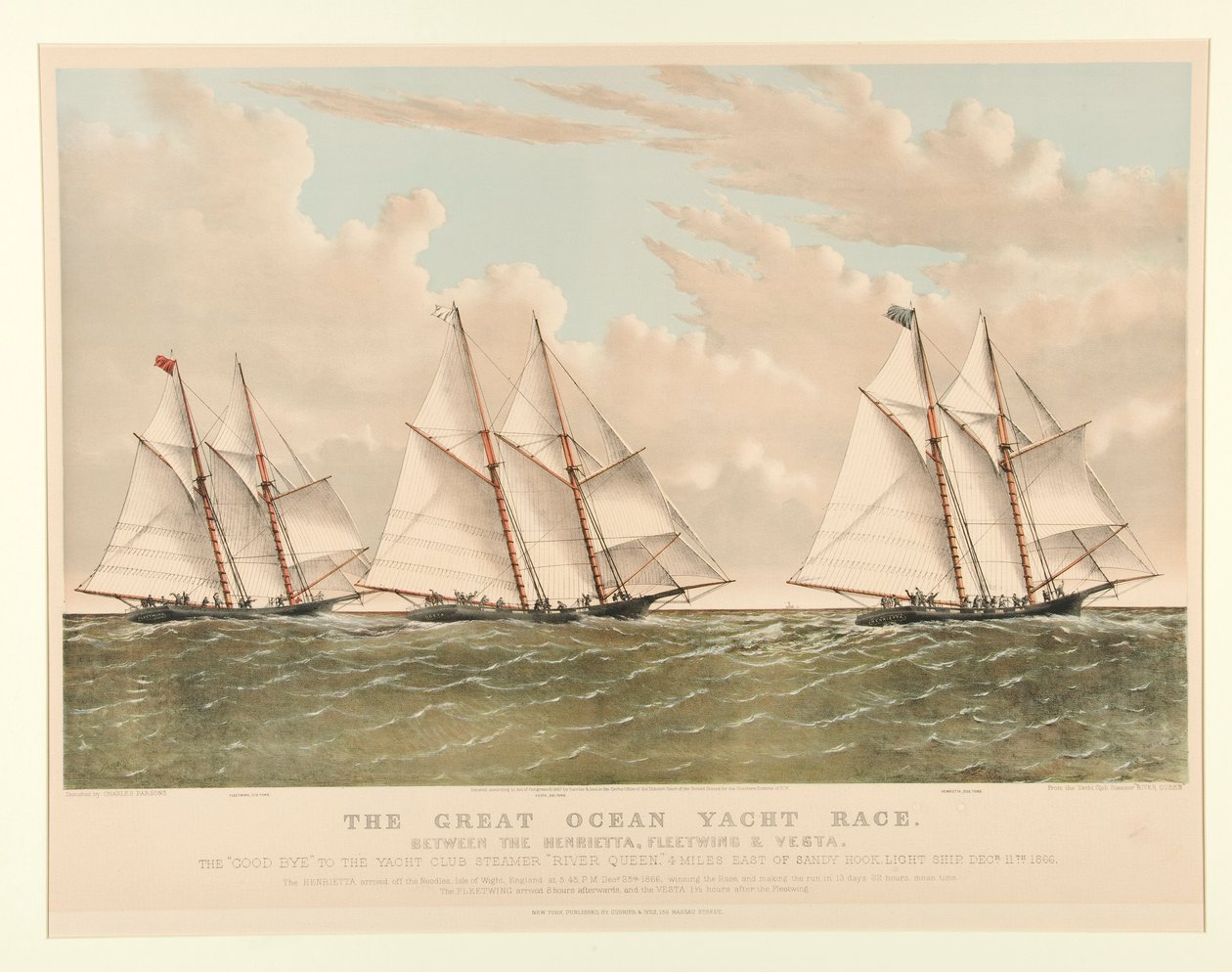 A Great Ocean Yacht Race entre o Henrietta, Fleetwing e Vesta de Currier and Ives