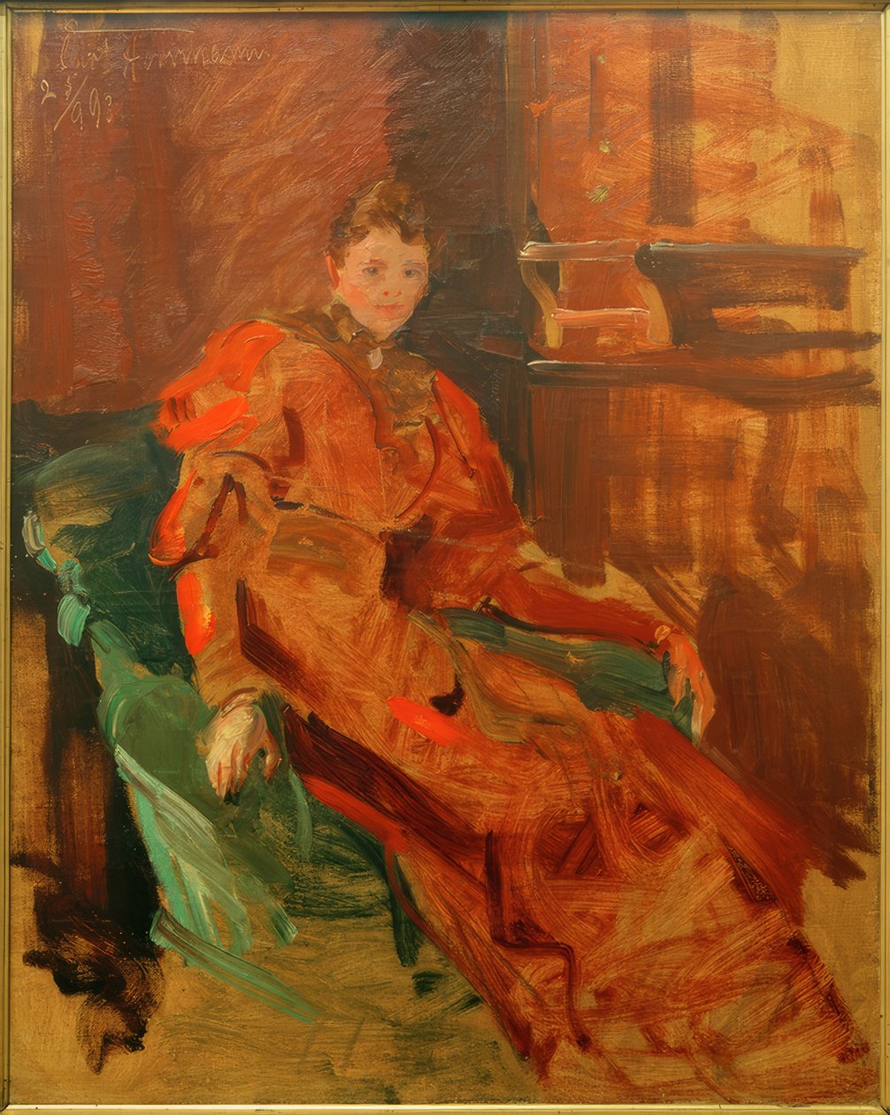 Senhora de vestido vermelho na poltrona verde de Curt Herrmann