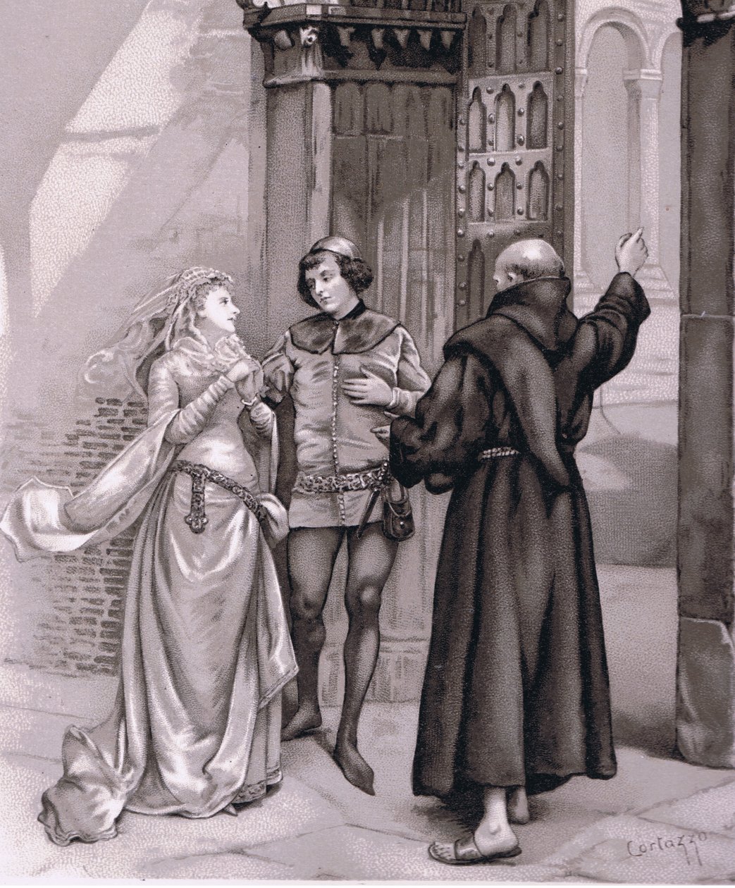 Entre Frei Laurence e Romeo, ilustração de Romeu e Julieta, de Curtazzo Curtazzo