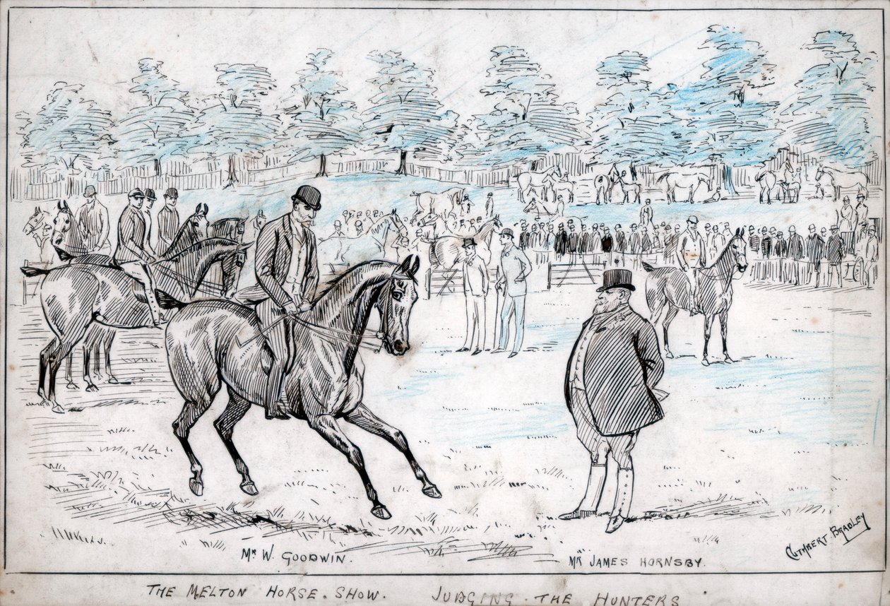 A mostra do cavalo de Melton, julgando os caçadores, c1880-1940. de Cuthbert Bradley