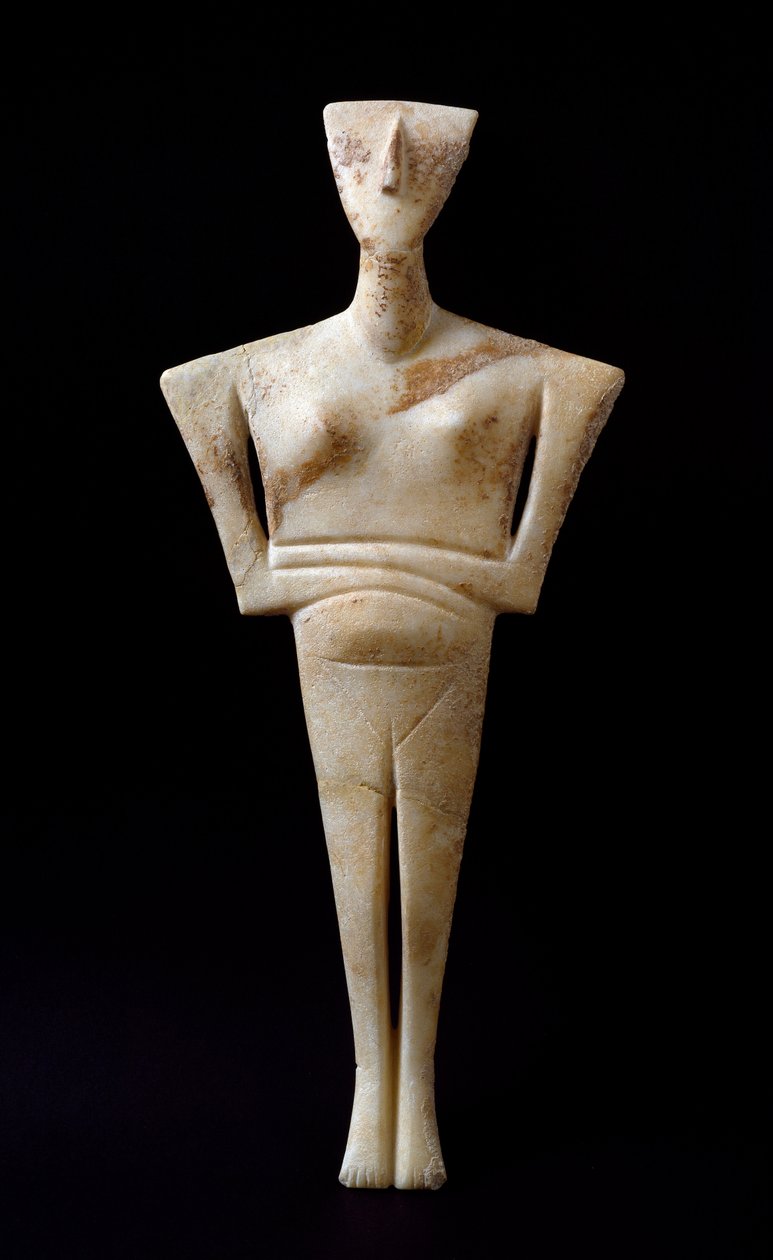 Arte das Cíclades: Ídolo de mármore "estatueta feminina" de Syros. 3000 AC. Civilização Cicládica (-3200 a -2000) Sol. Atenienses 46 cm, Museu Nacional de Arqueologia - Ídolo Feminino, de Syros - Escultura em mármore (H.46 cm), cuvilização cicládica, c.300 de Cycladic