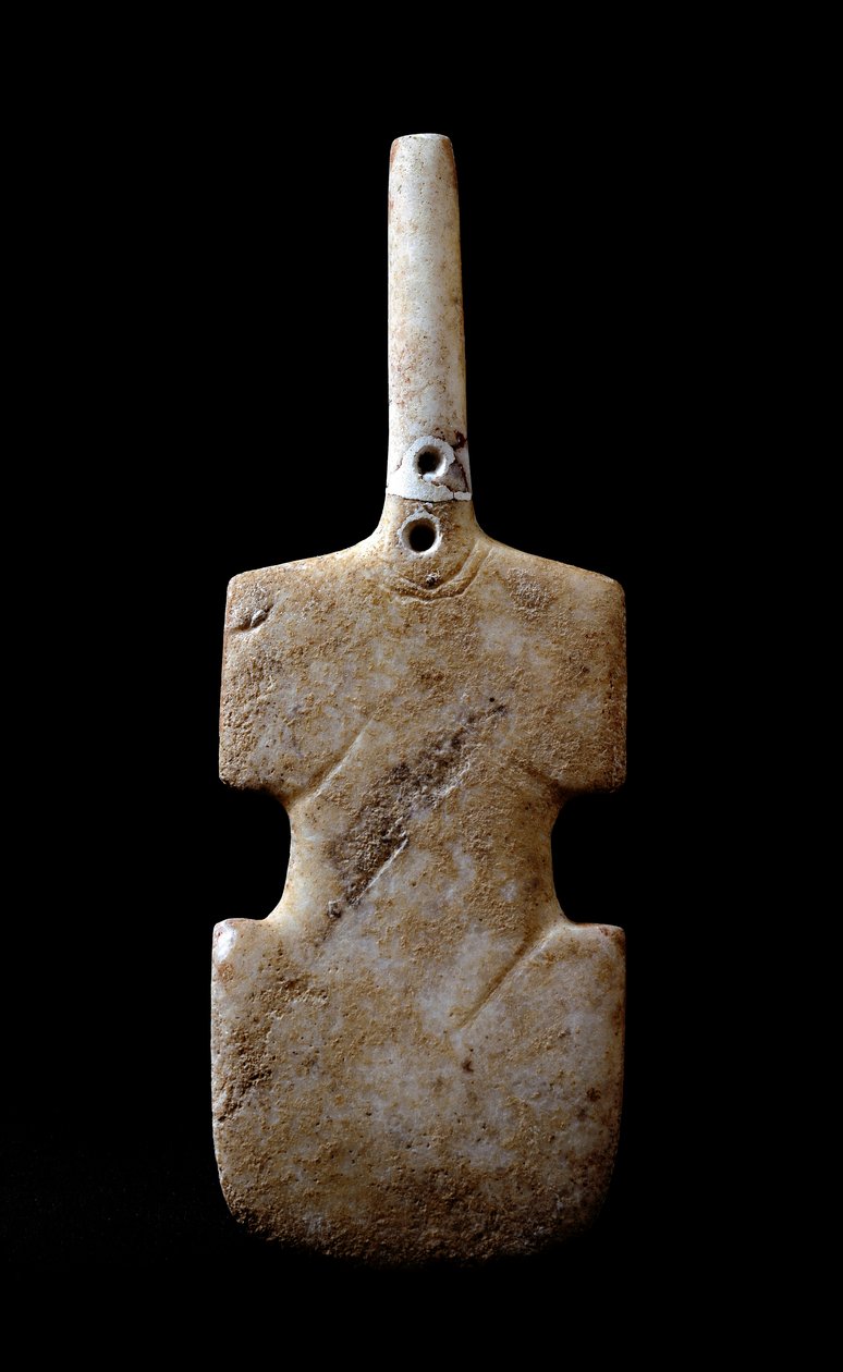 Arte das Cíclades: "Estatueta em forma de violino" ídolo de mármore de Paros. 3000 AC. Civilização Cicládica (-3200 a -2000) Atenienses, Museu Nacional de Arqueologia de Cycladic