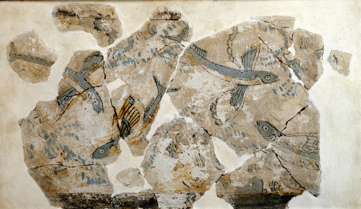 Arte Cicládica: fragmento de afresco representando peixes voadores (andorinhas-do-mar). do local de Phylakopi (ilha de Melos) 2500 BC Dim. 23 cm Athenes, museu arqueológico nacional - Arte Cicládica: fragmentos de um fresco representando peixes voadores (a de Cycladic