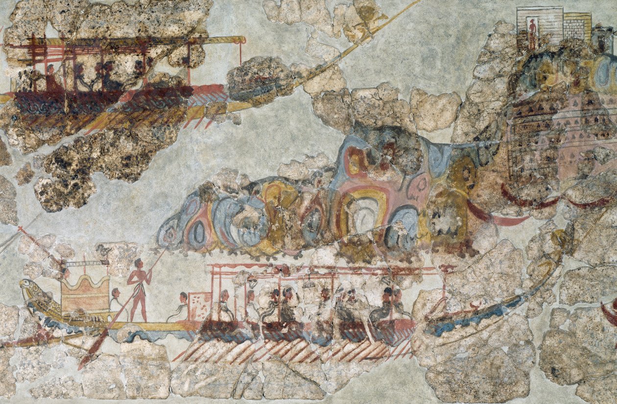 Frota de navios, afresco de Thera, Ilhas Cíclades do Sul, Grécia Civilização Cicládica, 3º-2º milénio a.C. de Cycladic Cycladic