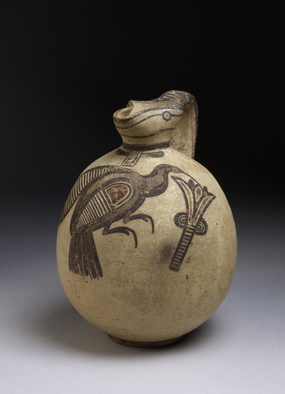 Agachamento jarro de briocromo no estilo de campo livre com a imagem do pássaro a apanhar uma flor de lótus, período Cypro-arcaico, c.750-480 aC (cerâmica) de Cypriot