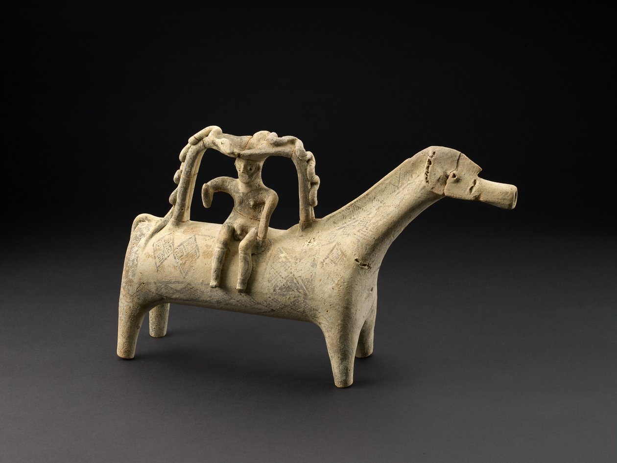 Rhyton de cavalo de terracota com piloto como parte do identificador nas costas, período cipriota IIIB tardio, c.1125-1050 aC (cerâmica) de Cypriot