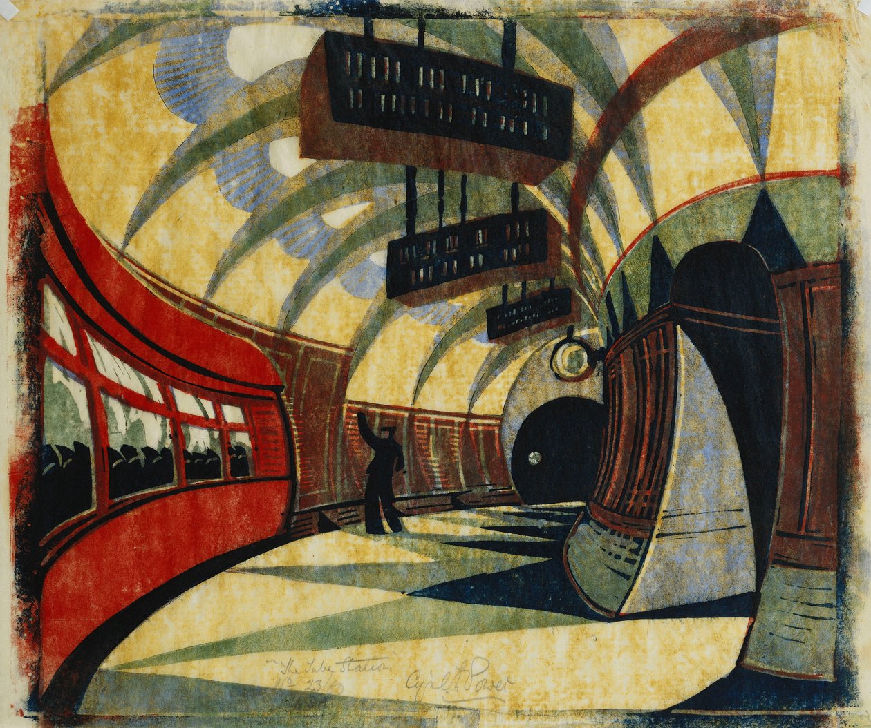 The Tube Station, c.1932 (linocut impresso em cores sobre tecido Japão) de Cyril Edward Power