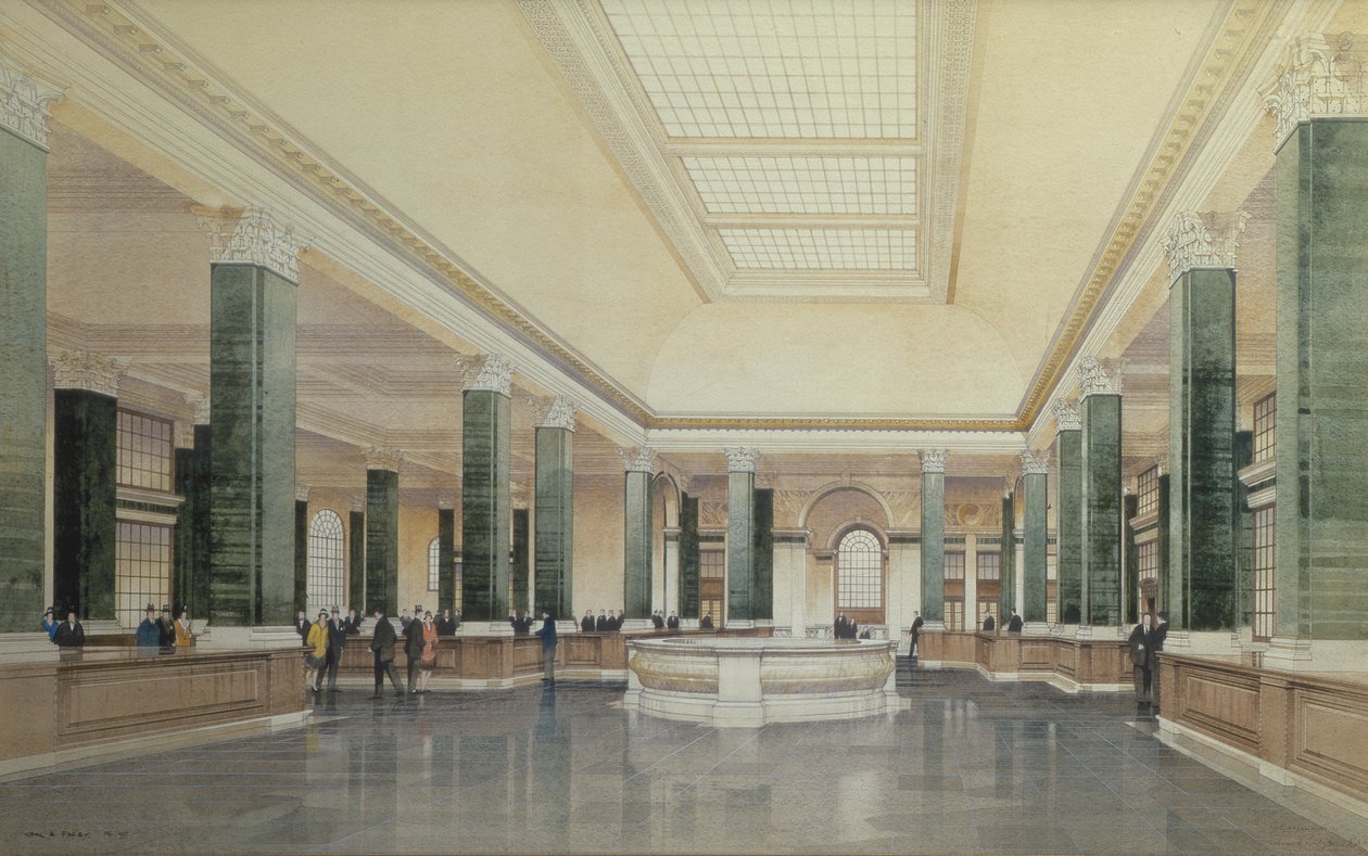 Interior do rés do chão do Midland Bank, Londres de Cyril Farey