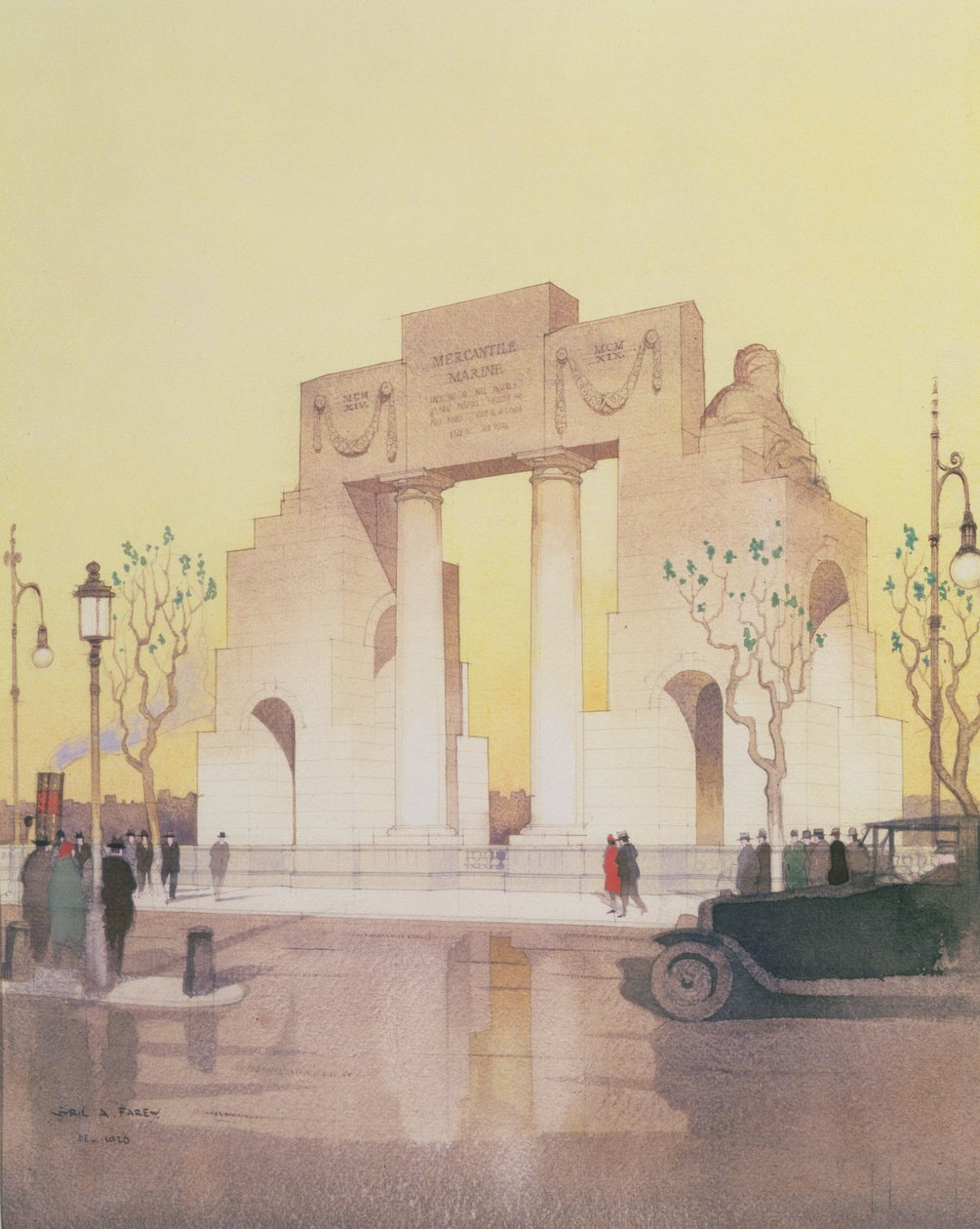 O Monumento Mercantil da Marinha, construído por Edwin Landseer Lutyens (1869-1944) (aguarela sobre papel) de Cyril Farey