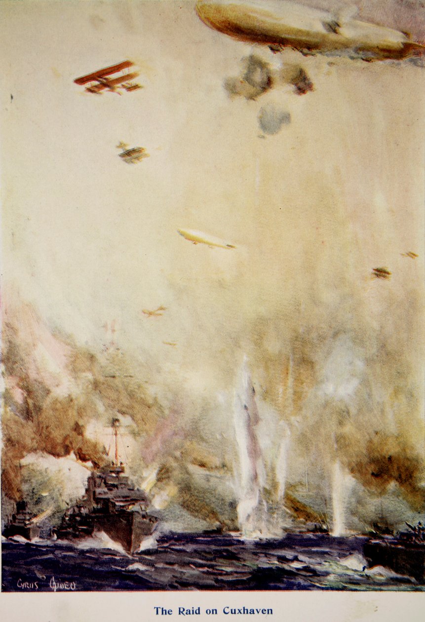 &39;The Raid on Cuxhaven, dezembro de 1914&39;, ilustração de &39;Told in the Huts: The YMCA Gift Book&39;, publicado em 1916 de Cyrus Cuneo