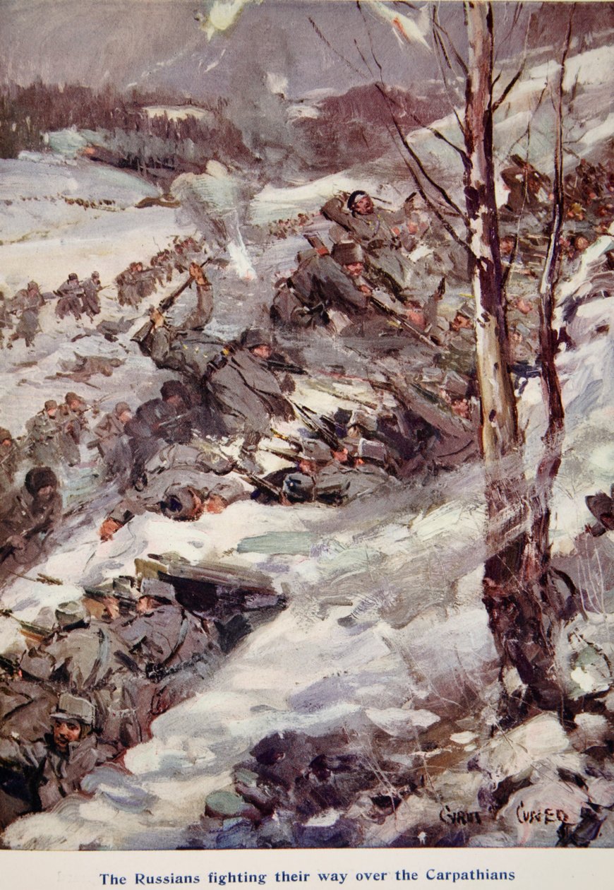 &39;Os russos que lutam contra os Cárpatos&39;, ilustração de &39;Told in the Huts: The YMCA Gift Book&39;, publicado em 1916 de Cyrus Cuneo