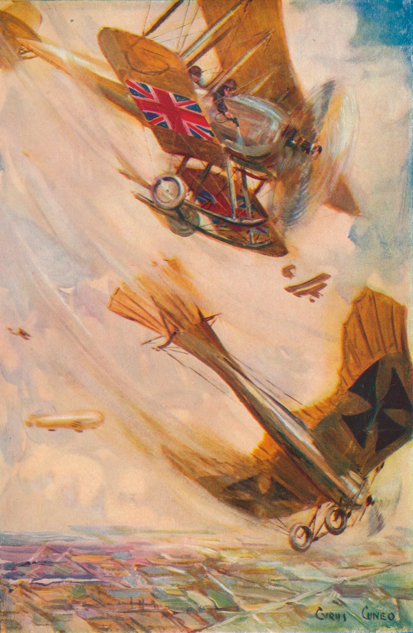 Um biplano britânico derrubando um Taube alemão, c1916 1928 de Cyrus Cuneo