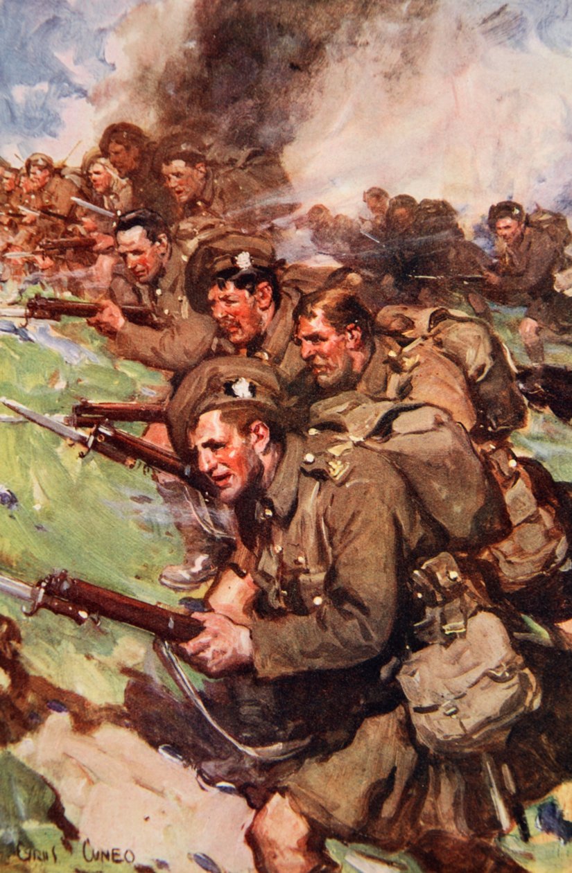 &39;A Thrilling Charge&39;, ilustração de &39;Told in the Huts: The YMCA Gift Book&39;, publicado em 1916 de Cyrus Cuneo