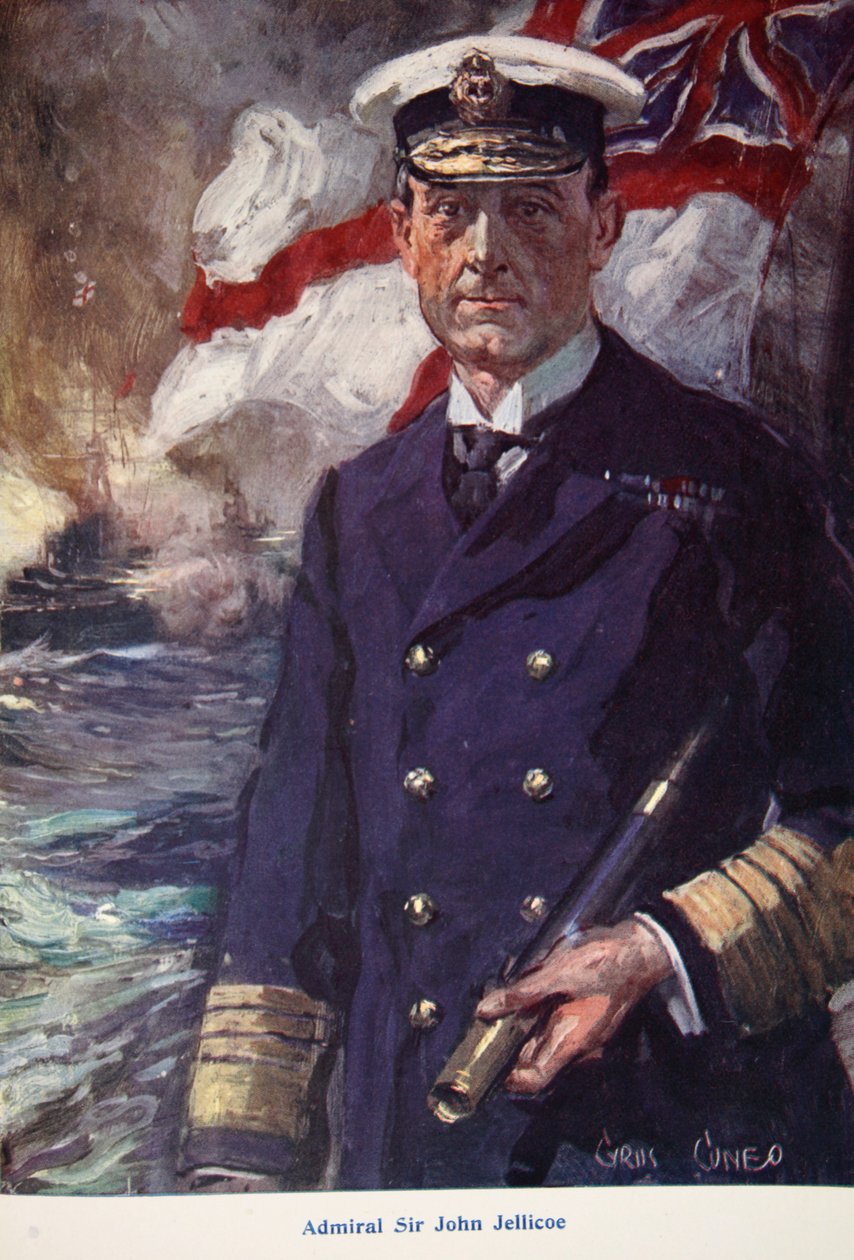Almirante Sir John Jellicoe, ilustração de &39;Told in the Huts: O Livro de Presentes da ACM&39;, publicado em 1916 de Cyrus Cuneo