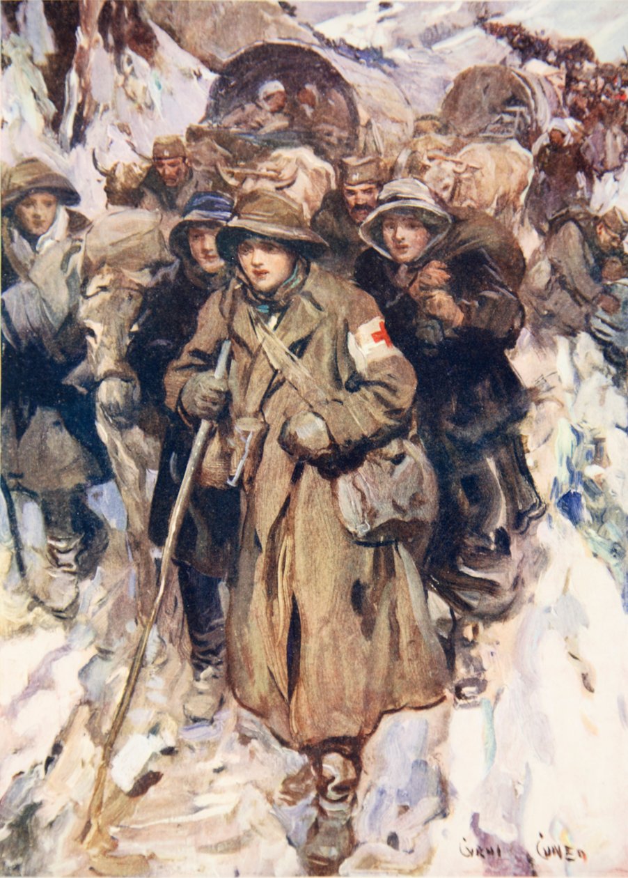 Corajosas enfermeiras no retiro do exército sérvio (cor litho) de Cyrus Cuneo