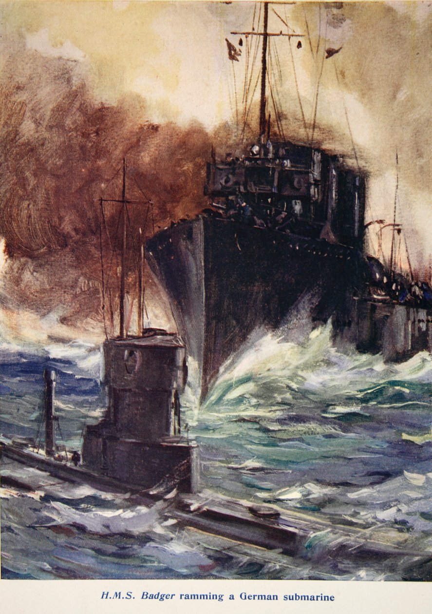 &39;HMS Badger forçando um submarino alemão&39;, ilustração de &39;Told in the Huts: The YMCA Gift Book&39;, publicado em 1916 de Cyrus Cuneo