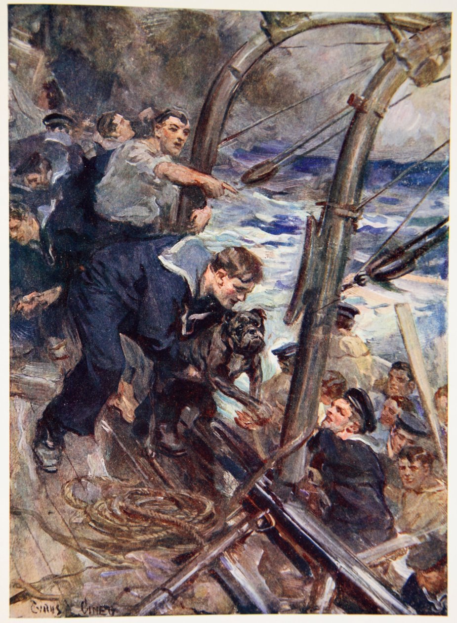 Como Norah, o Bulldog, foi salvo do navio de batalha naufragado (cor litho) de Cyrus Cuneo