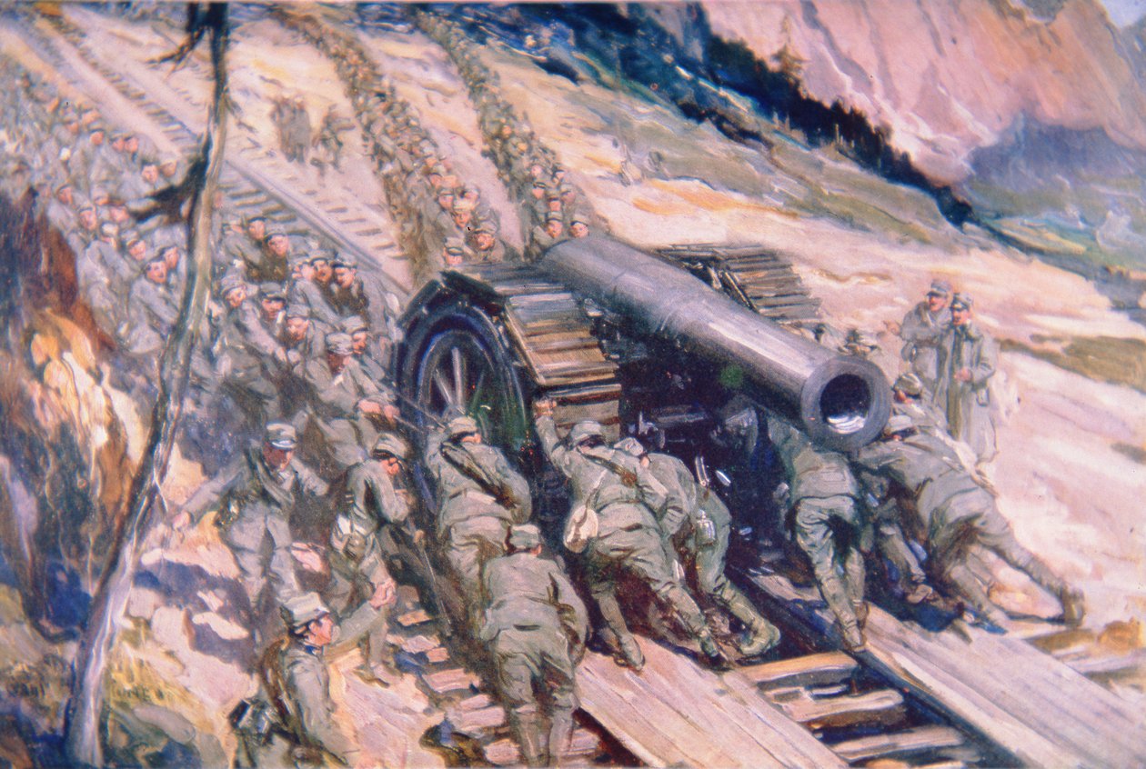 Italianos transportando artilharia por uma montanha (cor litho) de Cyrus Cuneo